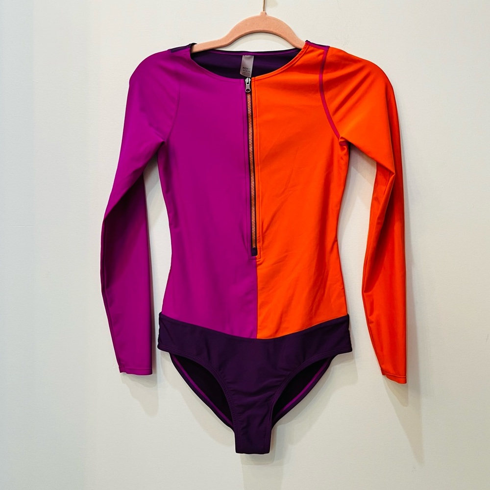 Roxy color block Pop Surf Long Sleeve One Piece Swimsuit purple orange Medium